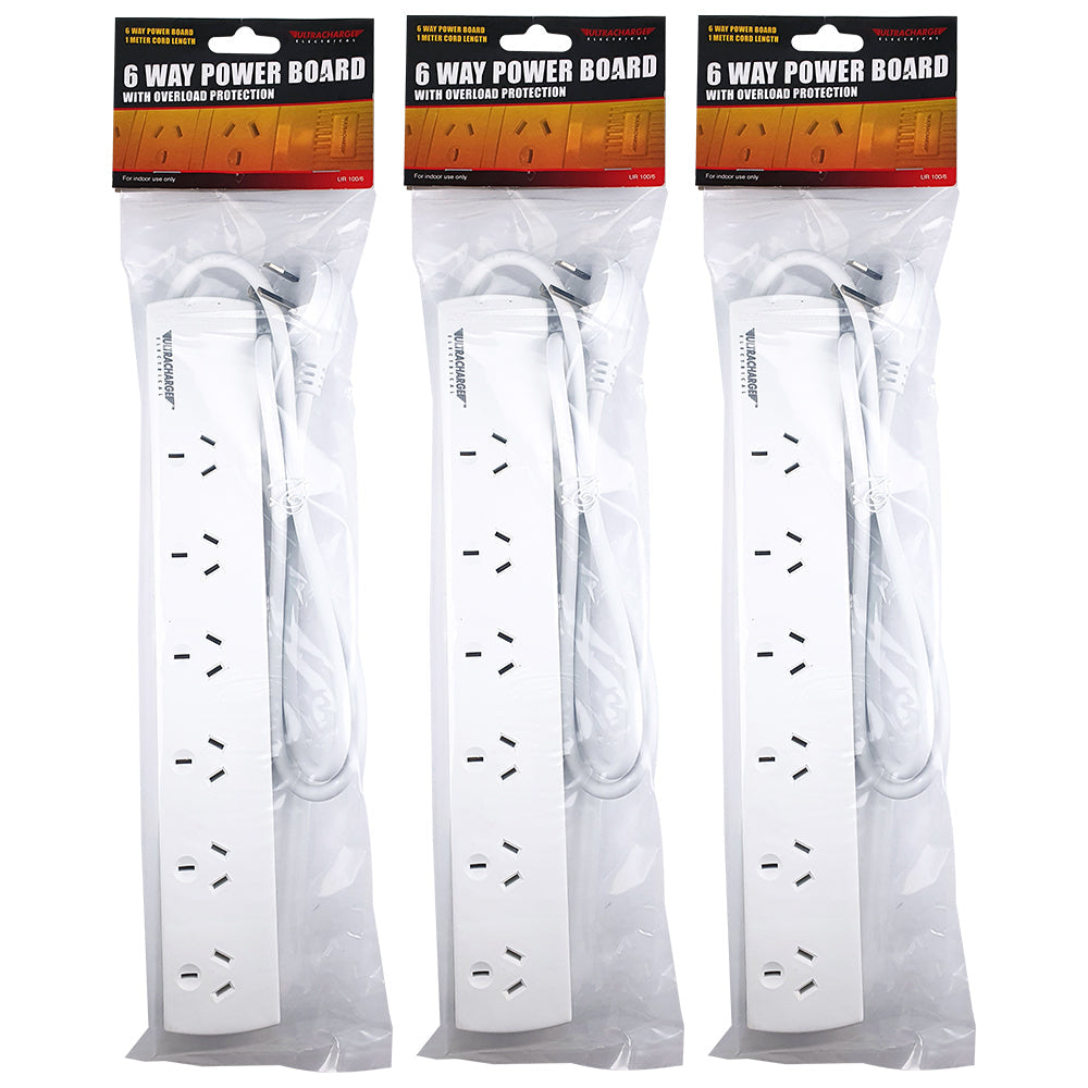 Ultracharge 6 Socket Standard Power Board - White (3 Pack)