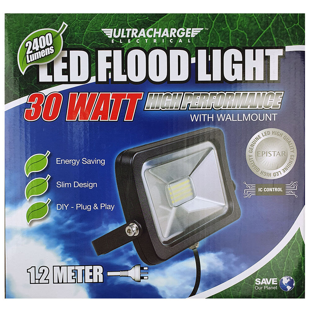 Ultracharge 30W LED Floodlight Cool Wall Mounted Outdoor Flood Light BLK — Black