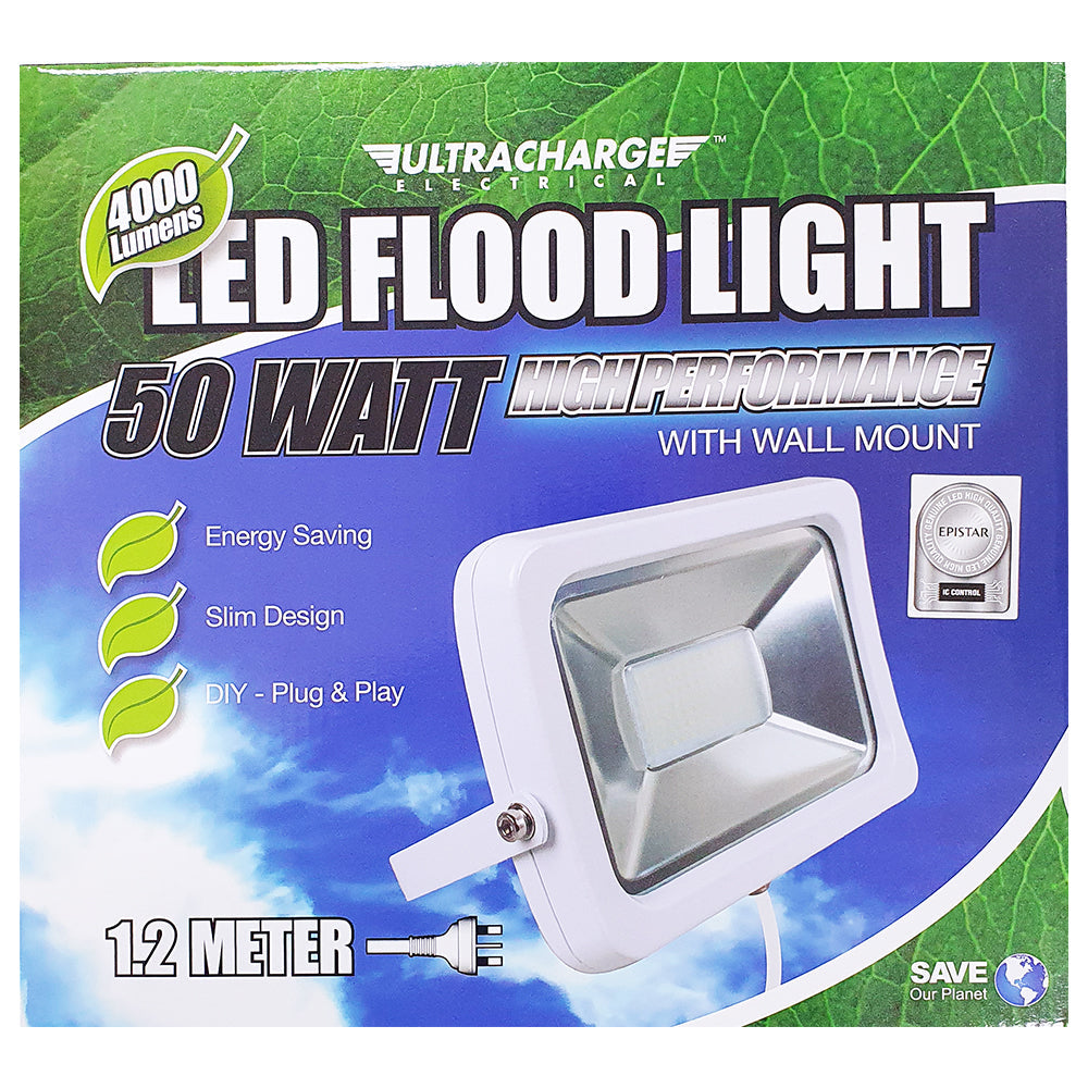 Ultracharge 50W LED Floodlight Cool Wall Mounted Outdoor Flood Light BLK — White