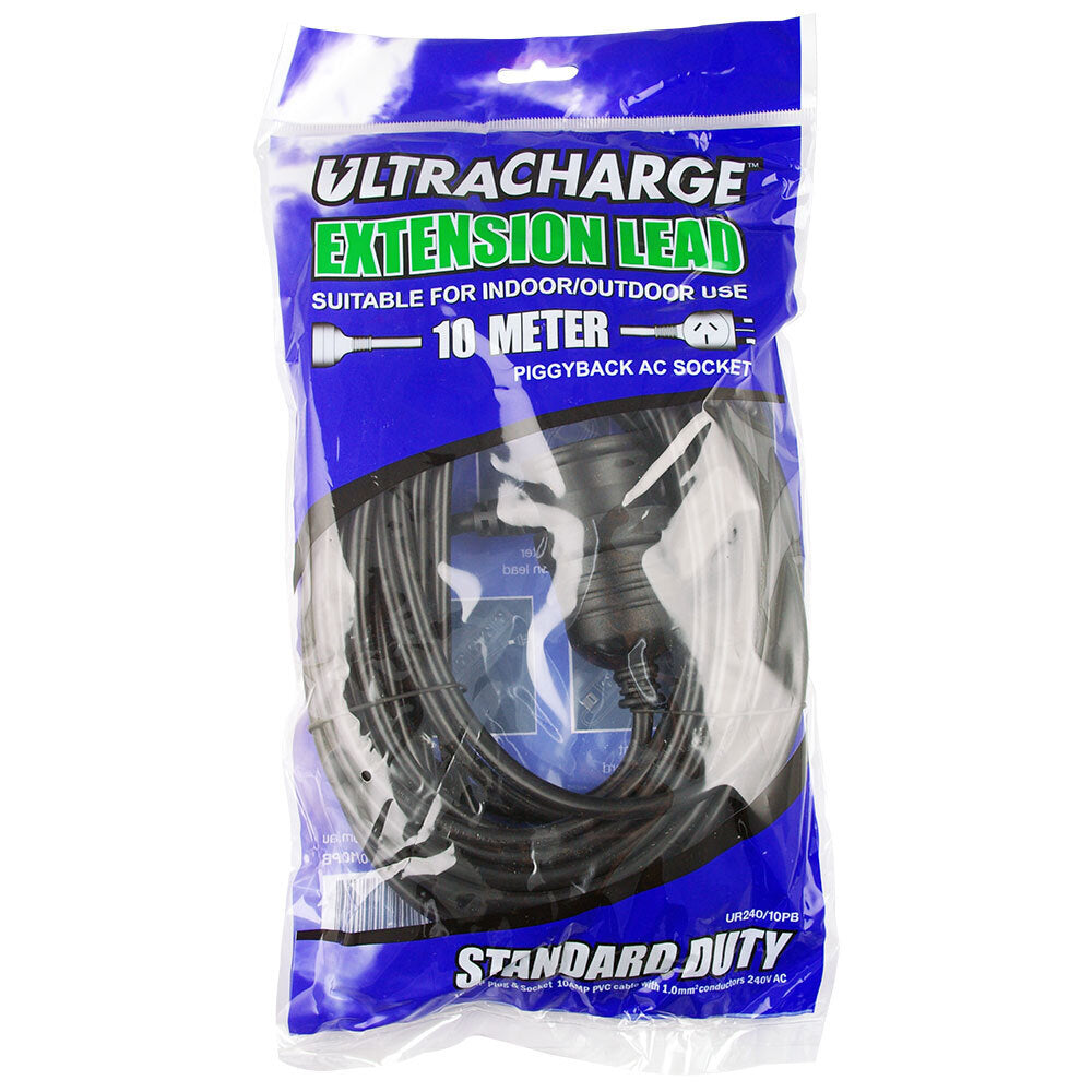Ultracharge 10m Cord Extension Power 10A Lead AU/NZ Cable w/ Piggy Back Plug BLK