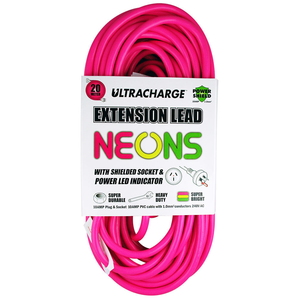 Ultracharge Neons 20m Extension Lead Cable 10A Heavy Duty Cord Plug/Socket Asst.