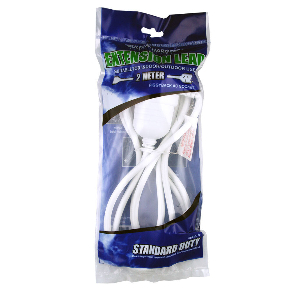 Ultracharge Cord Extension Power 10A Lead AU/NZ Cable w Piggy Back Plug WHT — 2m