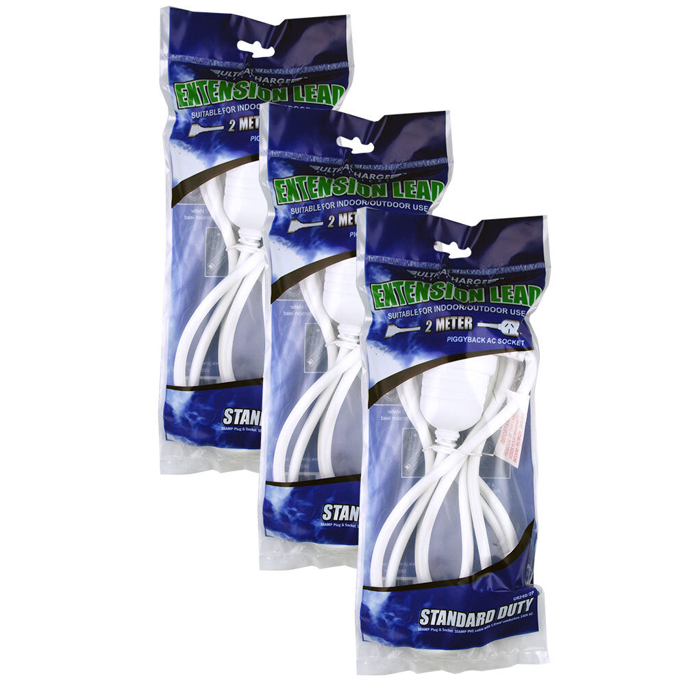 Ultracharge 2m Cord Extension Power 10A Lead AU/NZ Cable w/Piggy Back Plug WH (3 Pack)