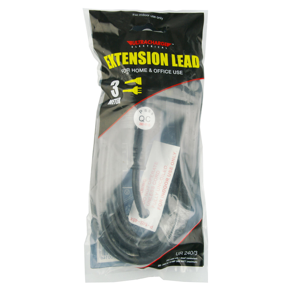 Ultracharge 3m Cord Extension Lead Home/Office 10A Power Cable AU/NZ Plug Black
