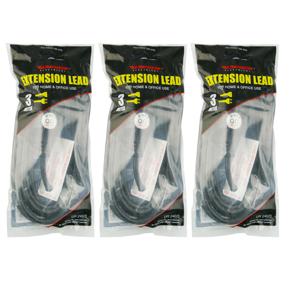 Ultracharge 3m Cord Extension Lead Home/Office 10A Power Cable AU/NZ Plug BLK (3 Pack)
