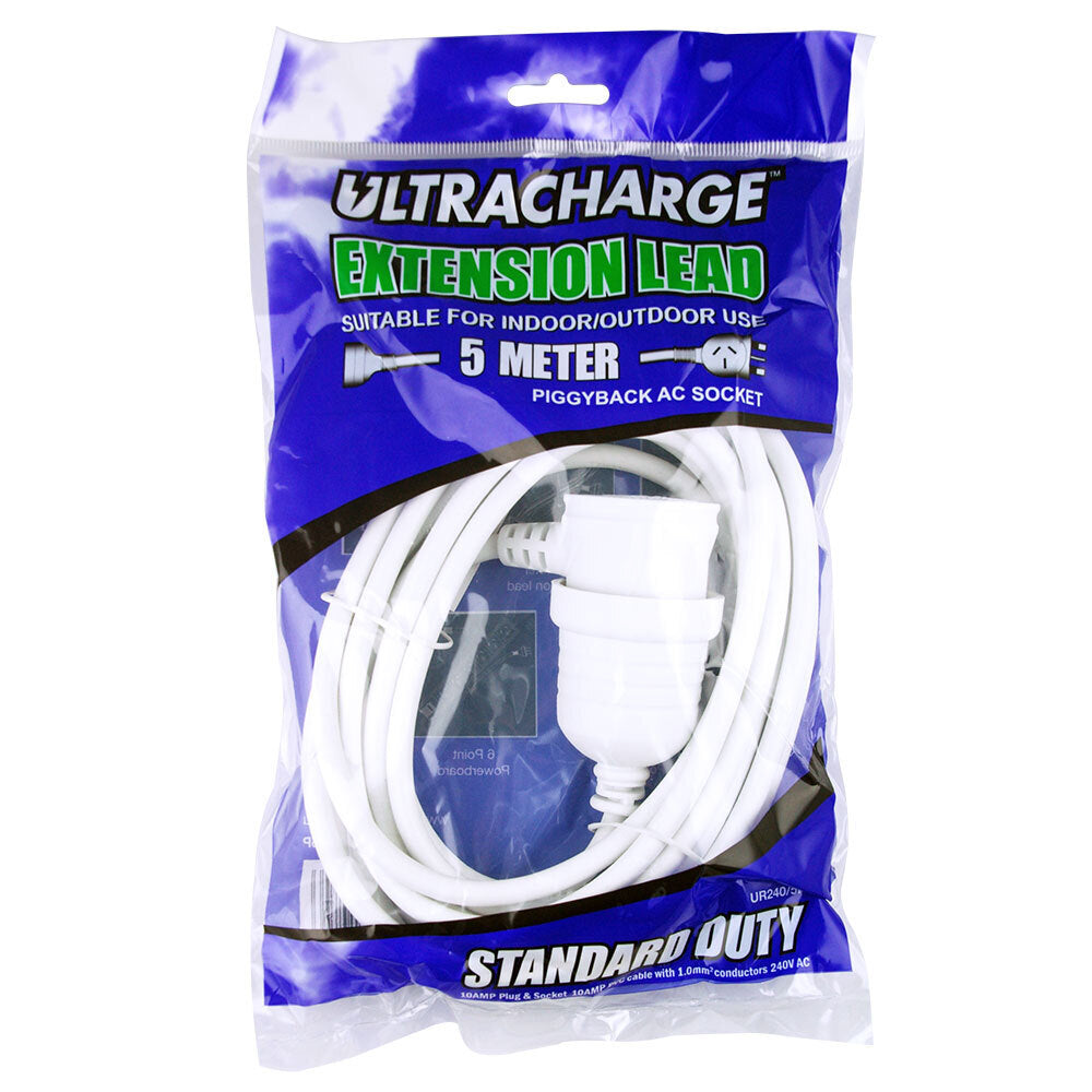 Ultracharge Cord Extension Power 10A Lead AU/NZ Cable w Piggy Back Plug WHT — 5m