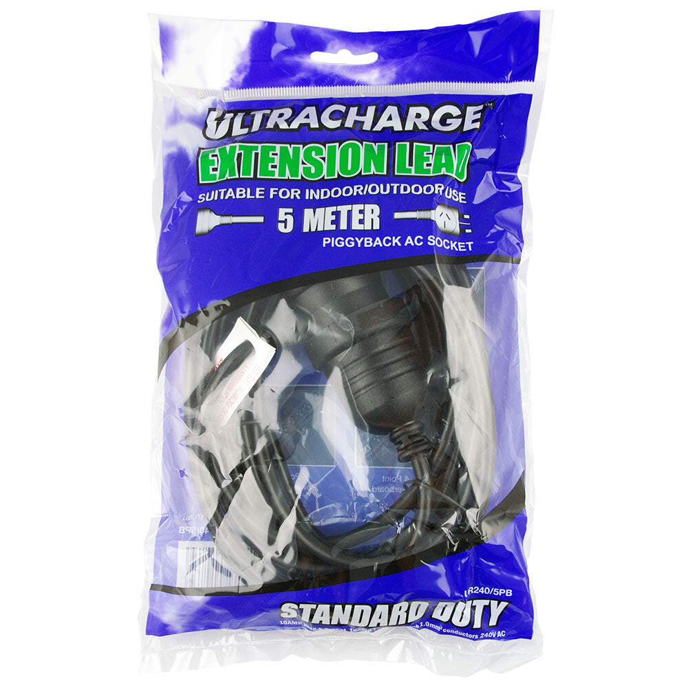 Ultracharge 5m Cord Extension Power 10A Lead AU/NZ Cable w/Piggy Back Plug BK (2 Pack) — image 2