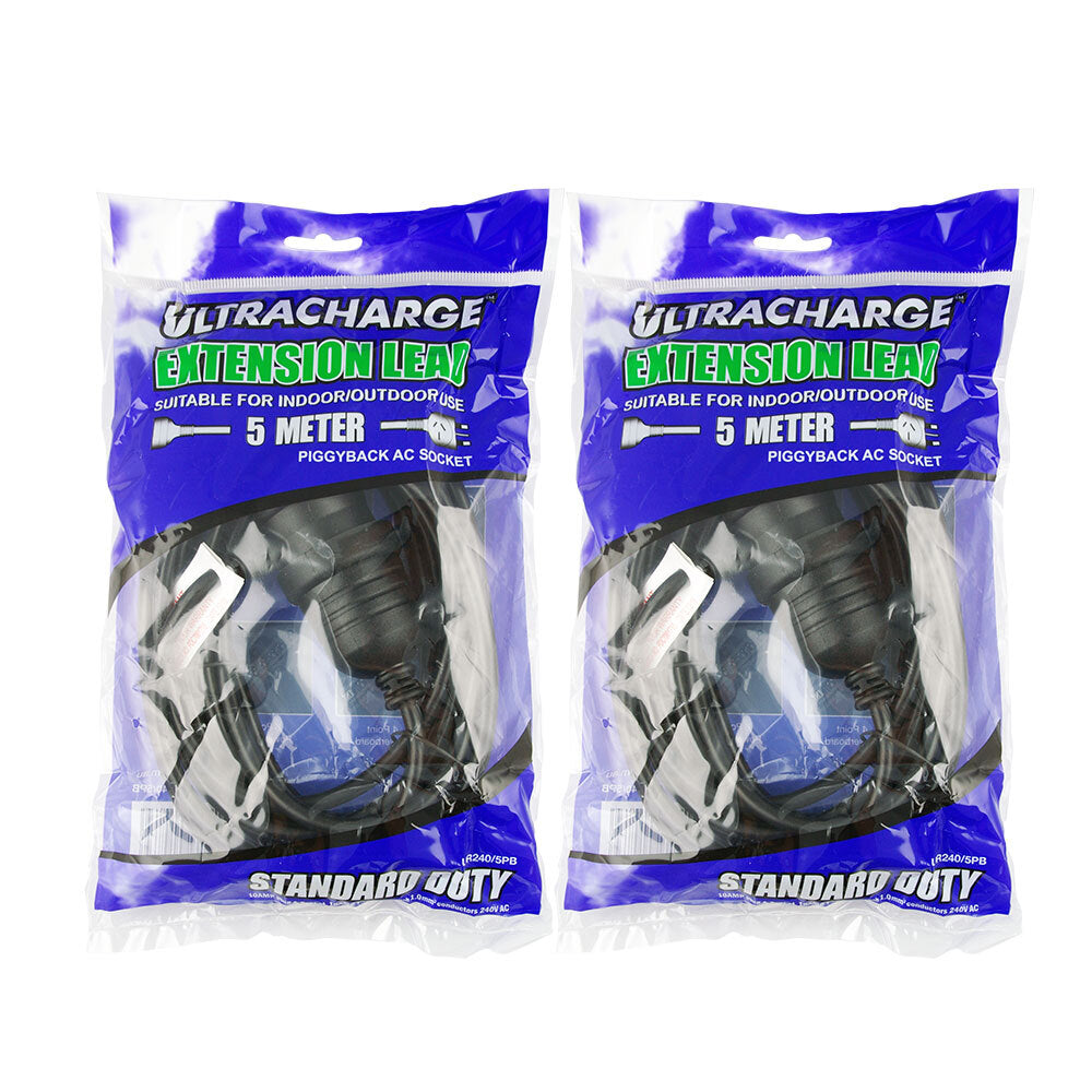 Ultracharge 5m Cord Extension Power 10A Lead AU/NZ Cable w/Piggy Back Plug BK (2 Pack)