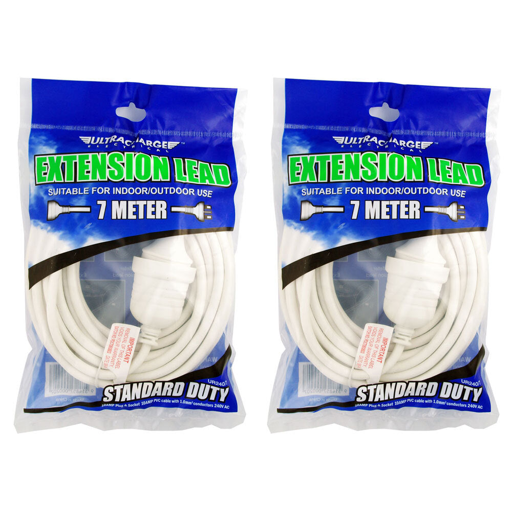 Ultracharge Extension Lead 7m Cable Cord Suitable for Indoor/Outdoor Use WHT (2 Pack)