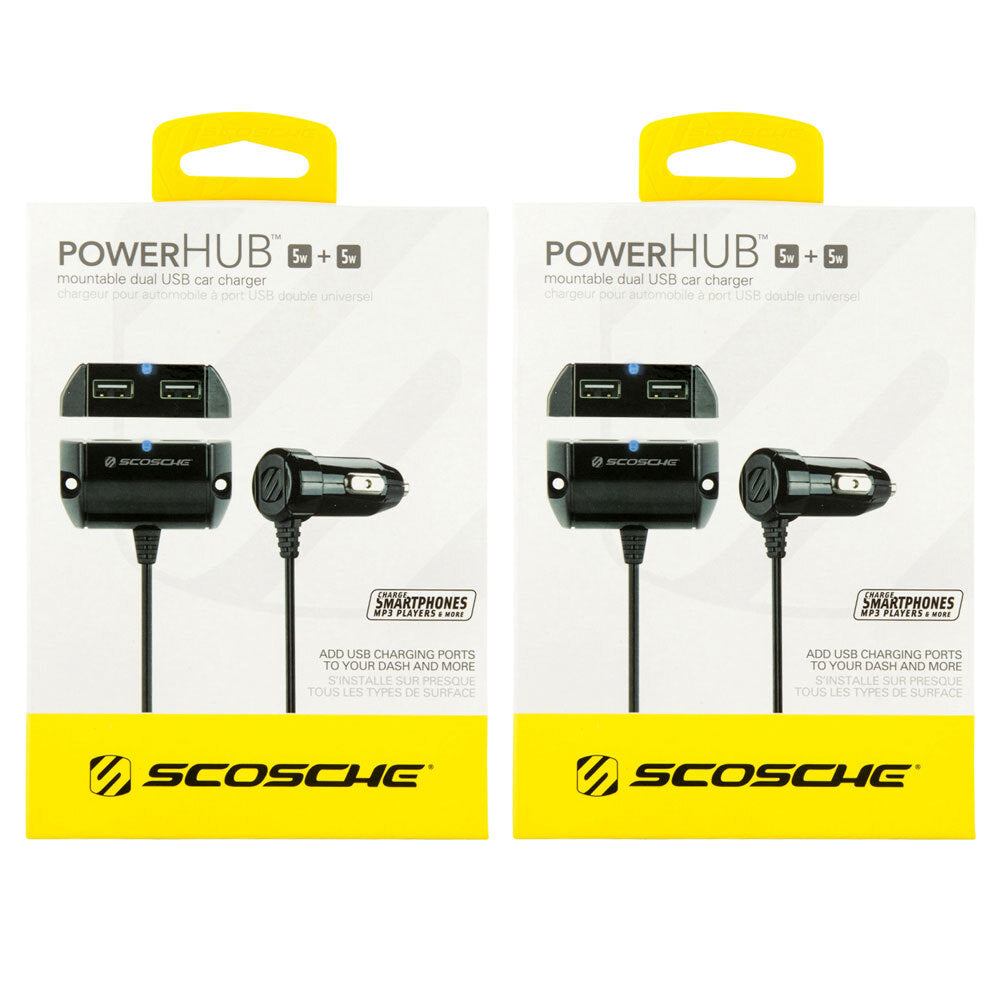 Scosche PowerHub 10W Mountable Dual-Port USB Car Charger - Black (2 Pack)