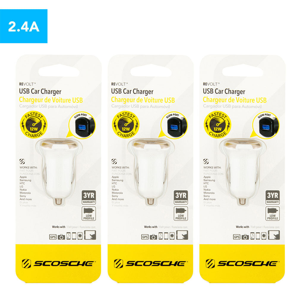 Scosche reVOLT 12W USB Car Charger - White/Gold (3 Pack)