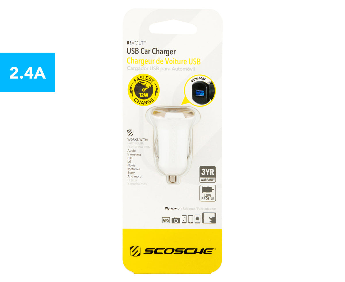 Scosche reVOLT USB 12W Fast 2.1A Car Charger/Charging f/Phones/Tablets/GPS White
