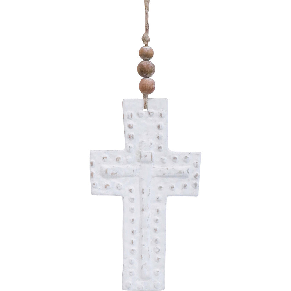 LVD Fir Wood Cross w/ Beaded Hanger Home Hanging Decor 11.5x20cm Imprint