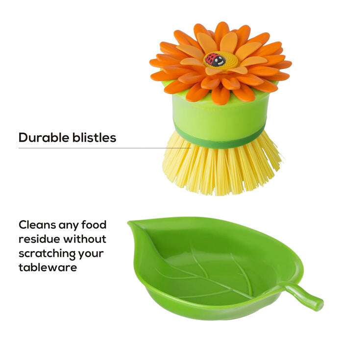 Vigar Flower Power Non-Scratch Palm Dish Brush w/ Holder Cleaner Scrubber Orange — image 3