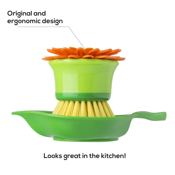 Vigar Flower Power Non-Scratch Palm Dish Brush w/ Holder Cleaner Scrubber Orange — image 2