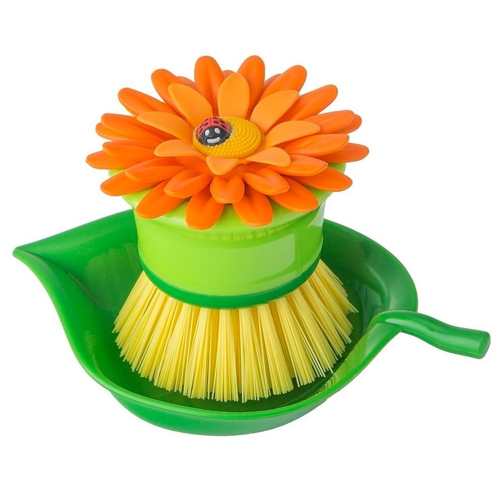 Vigar Flower Power Non-Scratch Palm Dish Brush w/ Holder Cleaner Scrubber Orange