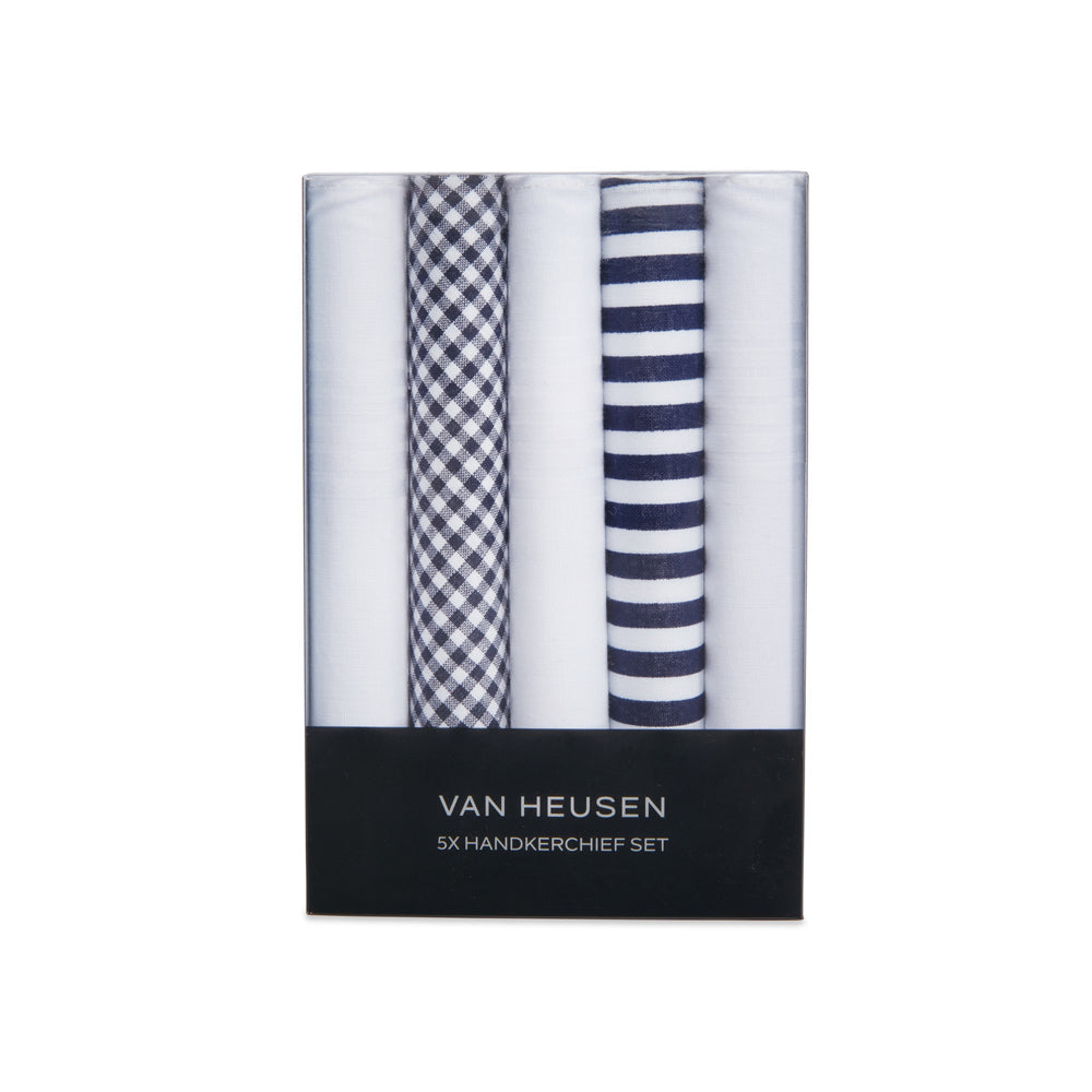 Van Heusen Men's Pocket Hankie/Hanky 100% Cotton Handkerchief Set Navy/White (5 Pieces)