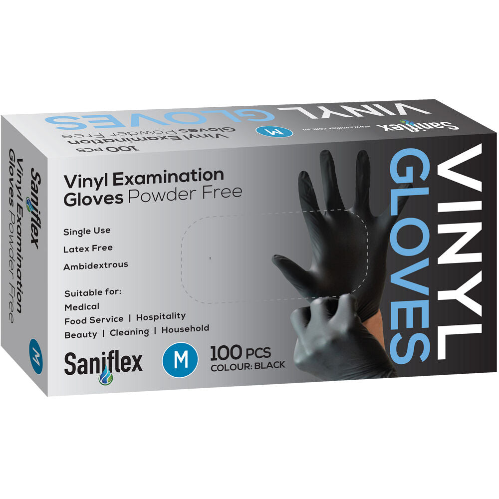 Saniflex Black Vinyl Examination Latex Powder Free Gloves- Size M (100 Pieces)
