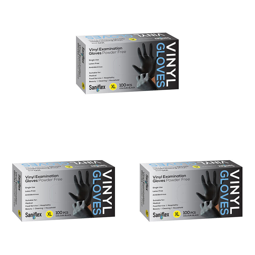 Saniflex 100pc Saniflex Black Vinyl Examination Latex Powder Free Gloves- Size XL (3 Pack)