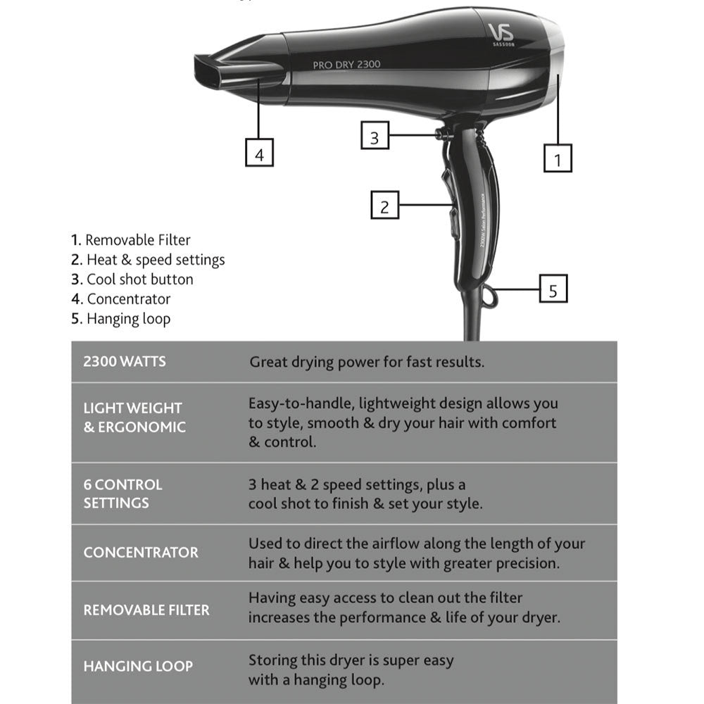 VS Sassoon VSD120A Pro Dry 2300W Hair Dryer/Hairdryer/Fast Drying/Light Weight — image 2
