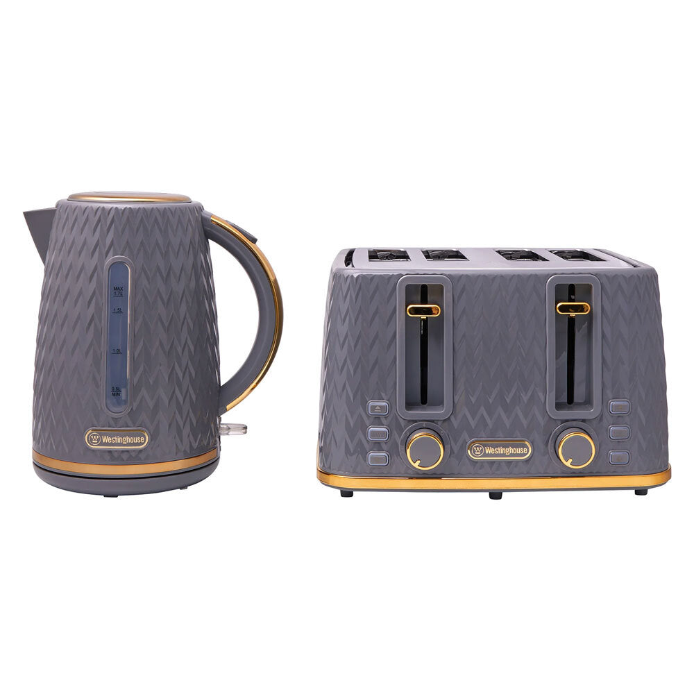 Westinghouse Zig Zag Pattern Grey/Gold 1.7L Kettle & 4 Slice Toaster Pack