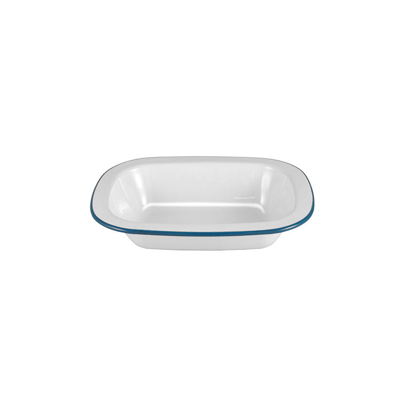 Urban Style Enamelware 18cm Pie Dish Rectangle Snack Container w/ Blue Rim White