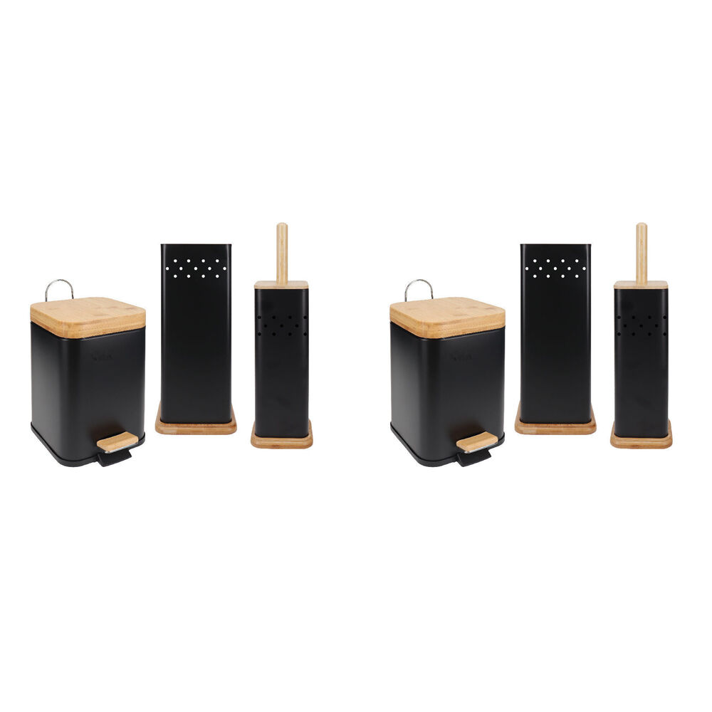 Eco Basics 3in1 Square Bathroom Bin Toilet Brush & Roll Holder 41.5cm Black (2 Pack)