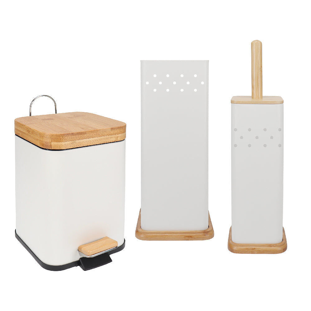 Eco Basics 41.5cm White 3in1 Square Bathroom Bin Toilet Brush & Roll Holder Set