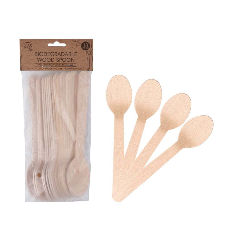 Eco Basics 16.5cm Biodegradable Birchwood Spoon Disposable Cutlery Utensil (18 Pieces)
