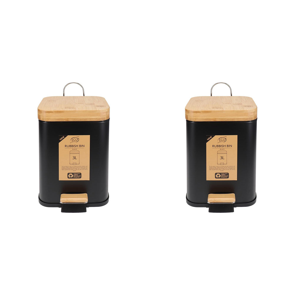 Eco Basics Rubbish Durable Plastic Bin Square 3L w/ Soft Close Lid Black (2 Pack)