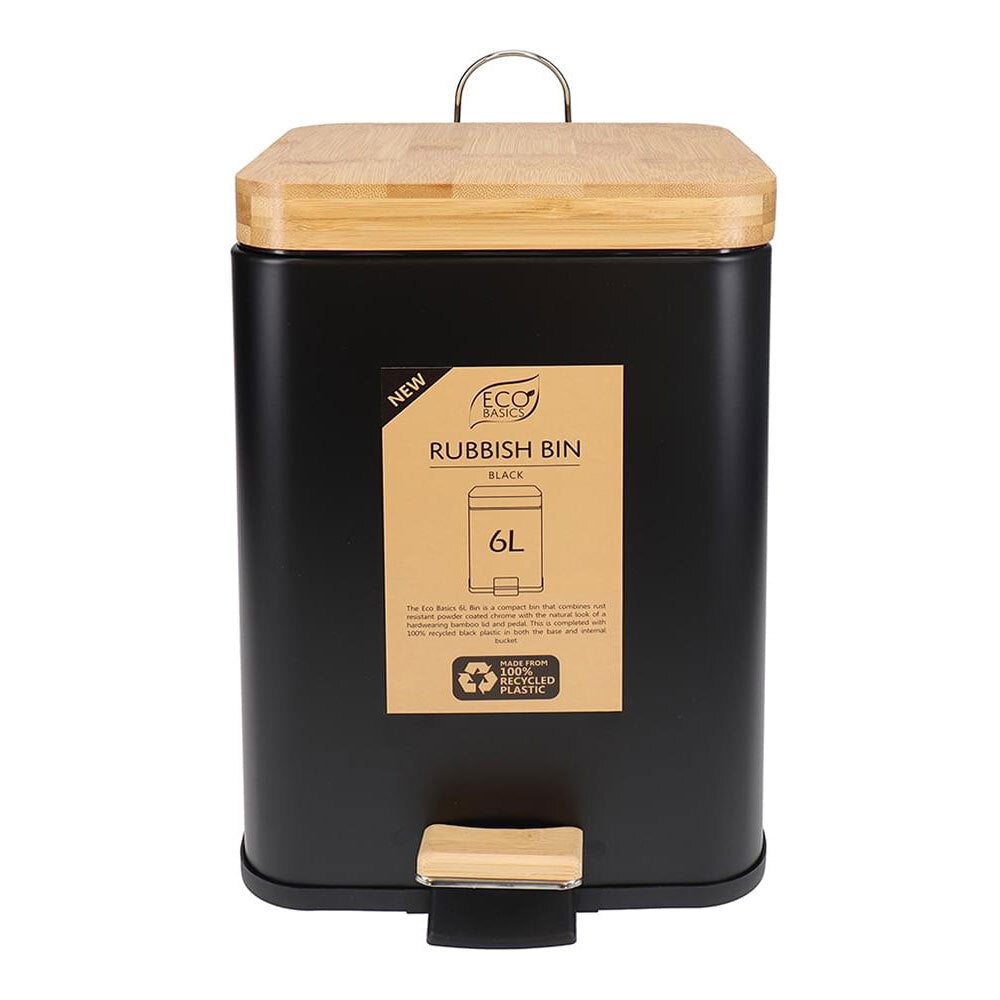 Eco Basics Rubbish Durable Plastic Bin Square 6L w/ Soft Close Lid Black