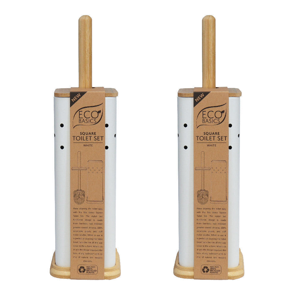 Eco Basics Square Toilet Brush w/ Holder Bathroom Cleaner Set 39.5cm White (2 Pack)