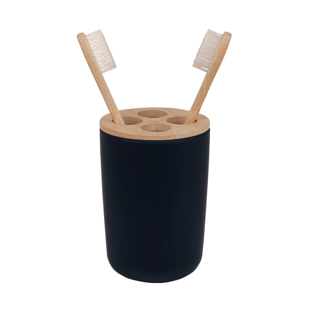 Eco Basics Bathroom Bamboo Toothbrush Caddy/Holder & Soap Pump Bottle Set Black — image 3