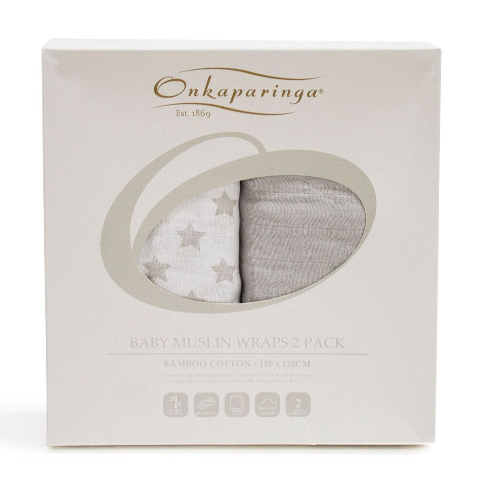 Onkaparinga Baby Swaddle Muslin Cotton Sleeping Blanket Wrap/Wraps (2 Pack) — Silver