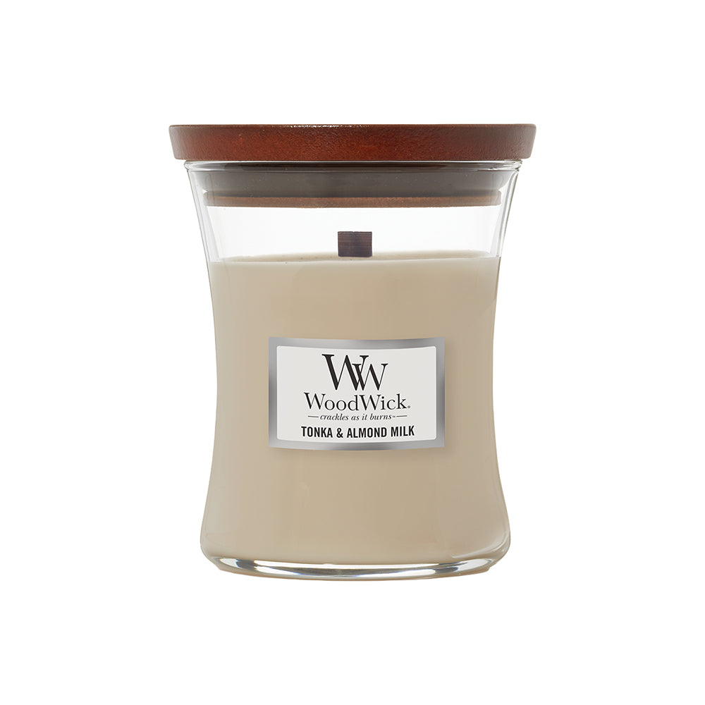 Woodwick Tonka & Almond Milk Scented Crafted Candle Glass Jar Wax w/ Lid Medium
