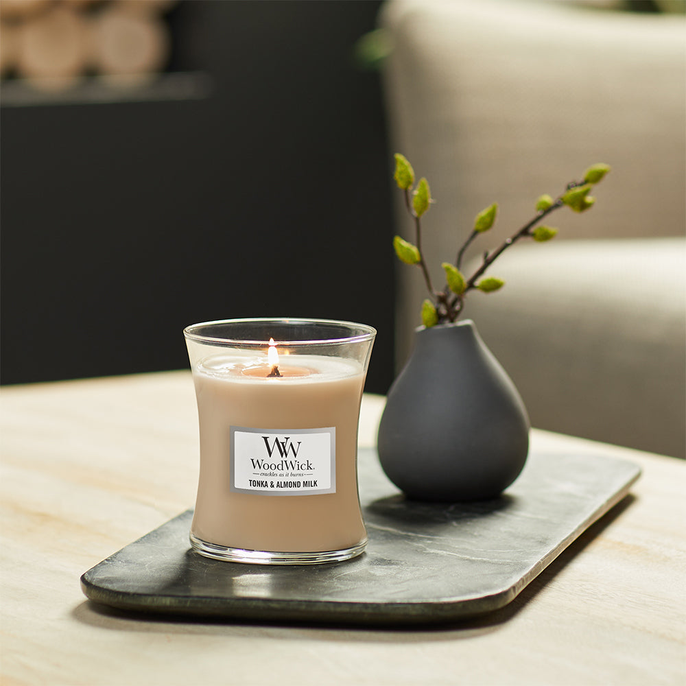 Woodwick Tonka & Almond Milk Scented Crafted Candle Glass Jar Wax w/ Lid Medium — image 2