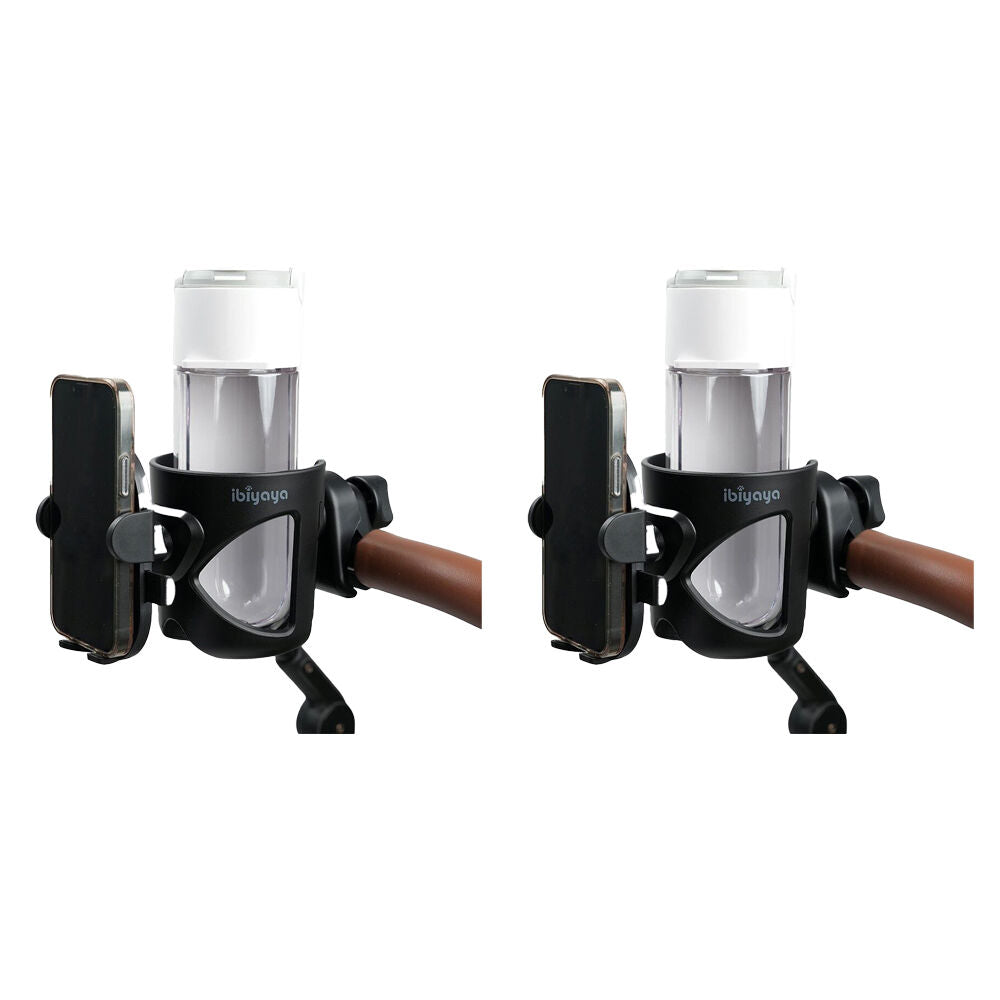 Ibiyaya 2 in 1 Cup and Universal Phone Holder for Pet Strollers Black (2 Pack)
