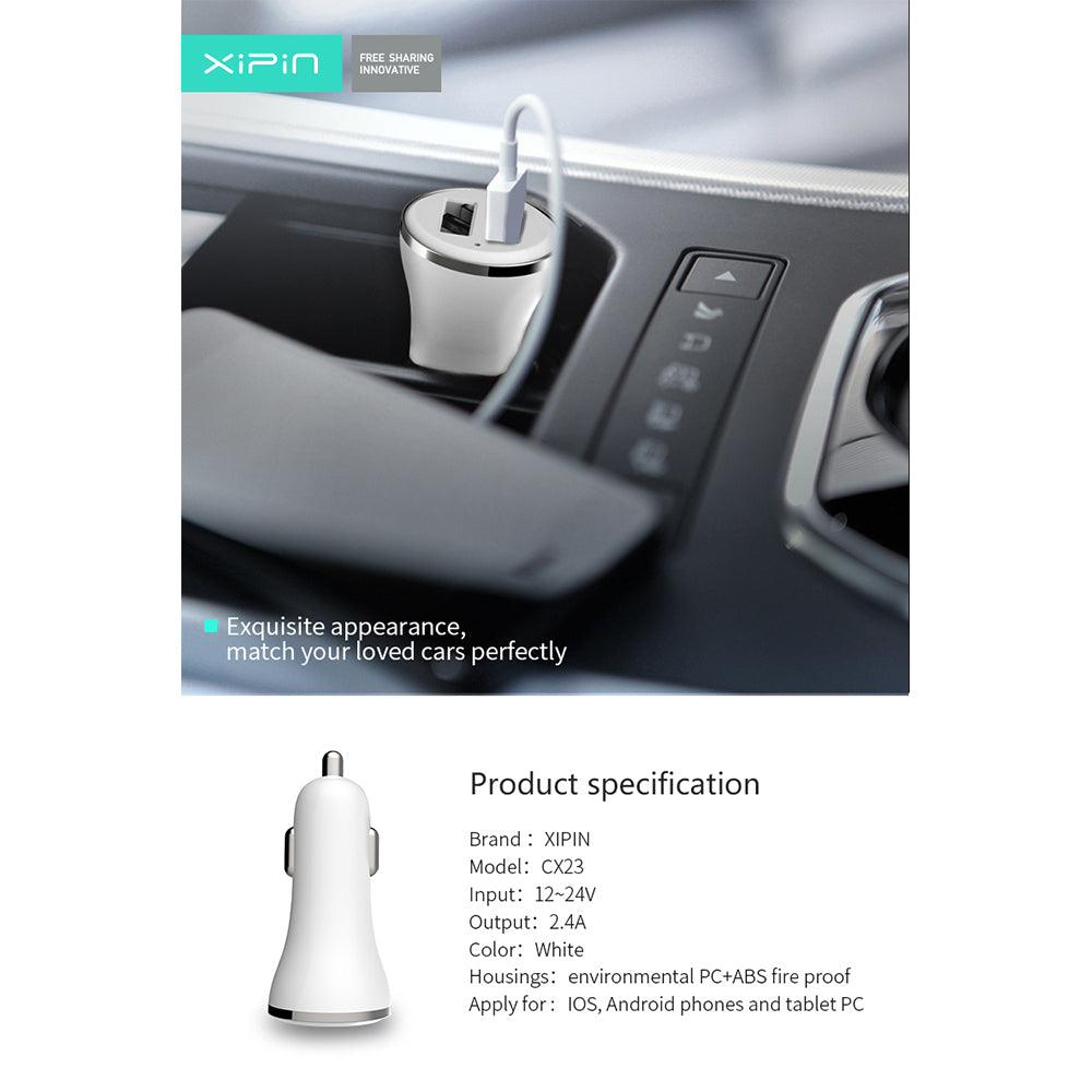 Xipin 2.4A Fast Charge Mini Car Charger w/ Dual USB Ports for Phones White — image 2