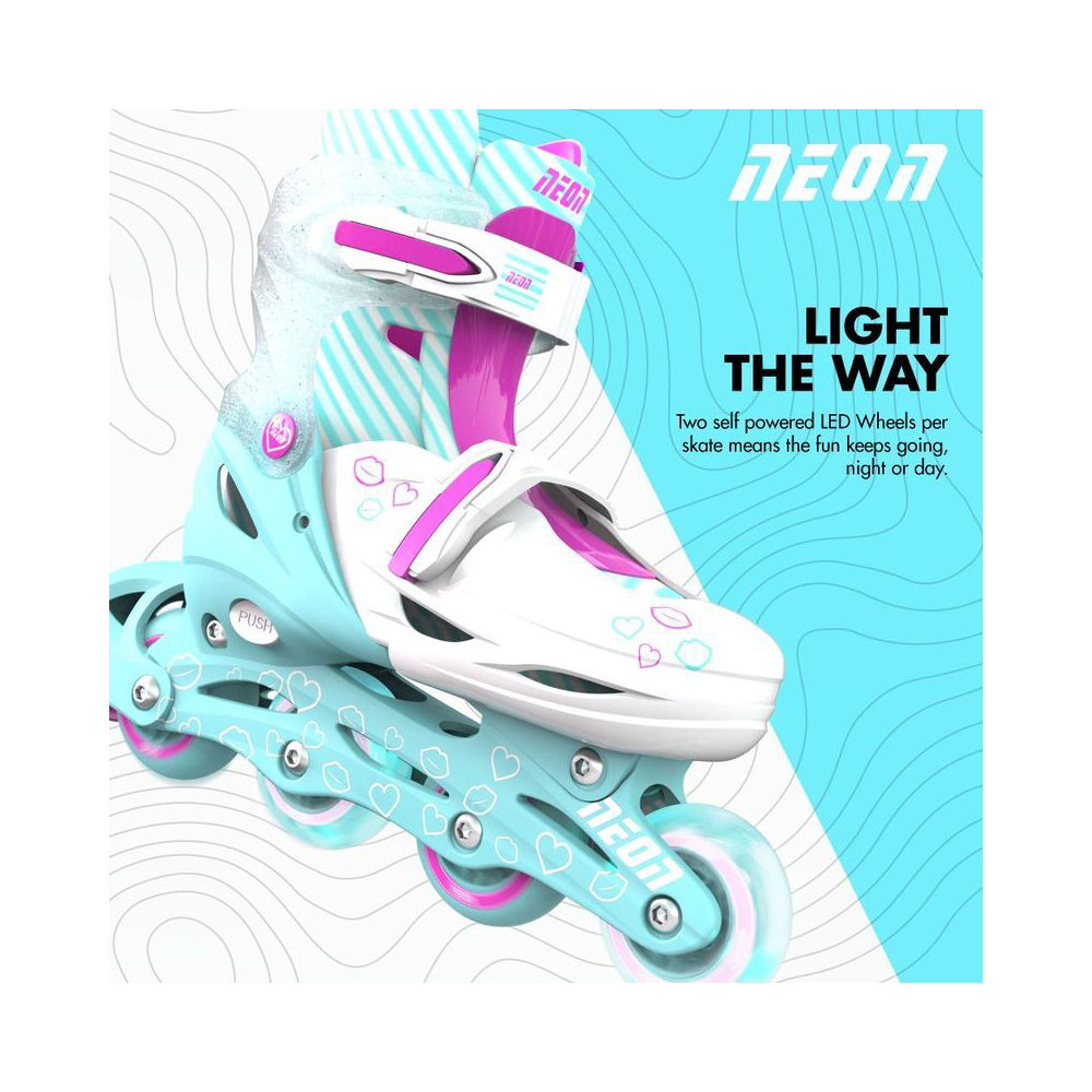 Yvolution 8+/Sizes 3-6 Teal Neon In Line Kids Rollerblades w/ Lightup Wheels — image 3