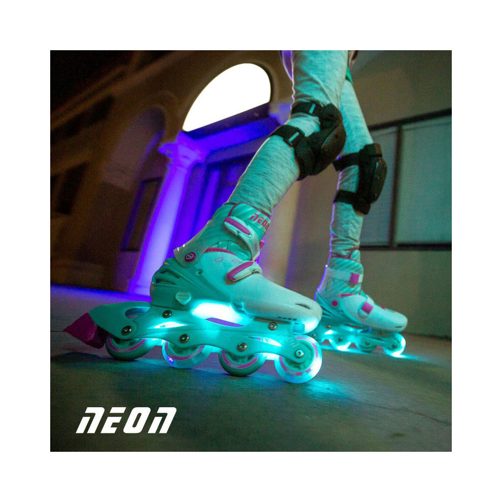 Yvolution 8+/Sizes 3-6 Teal Neon In Line Kids Rollerblades w/ Lightup Wheels — image 5