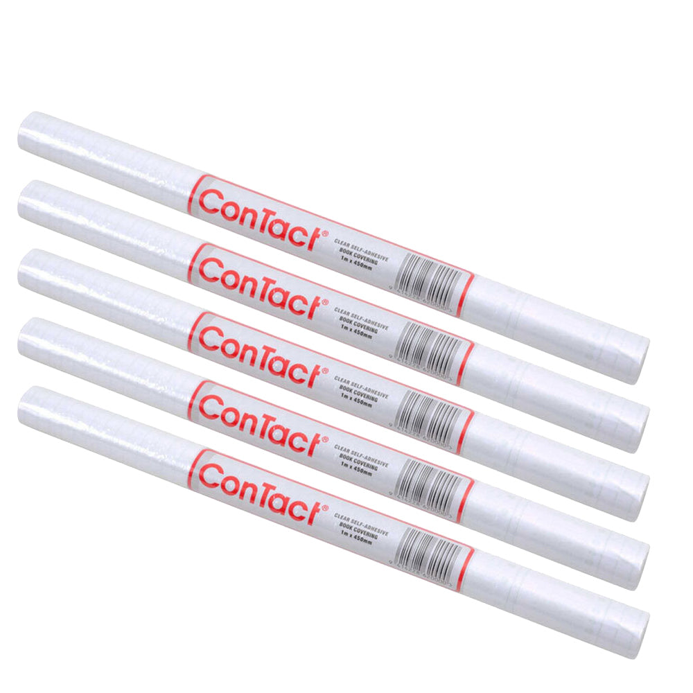 Contact 1m 50 Micron Self-Adhesive Notebook/Books Covering/Protection Clear (5 Pack)