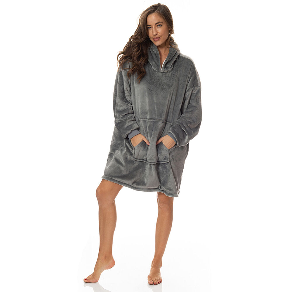Royal Comfort Reversible Fleece Winter Snug Hoodie/Blanket Sleepwear — Grey