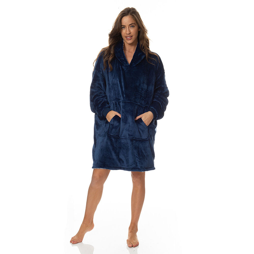 Royal Comfort Reversible Fleece Winter Snug Hoodie/Blanket Sleepwear — Navy