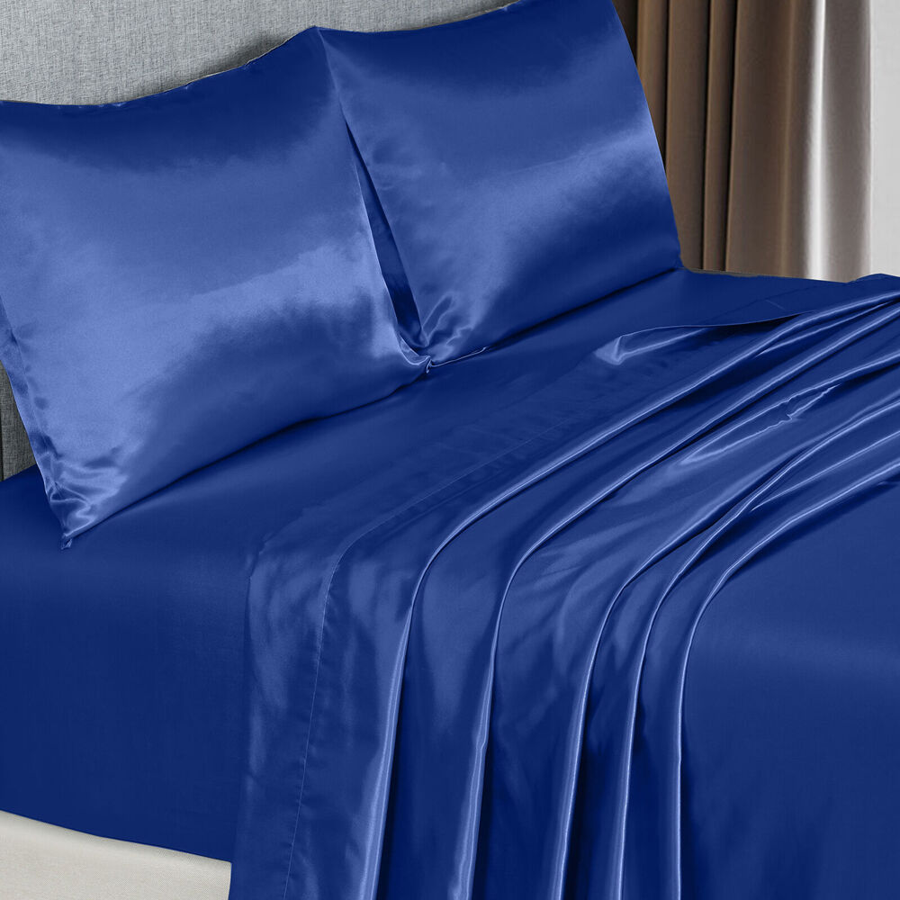 Royal Comfort Satin Sheet Set w/2x Pillowcases Navy Blue (4 Pieces) — image 7