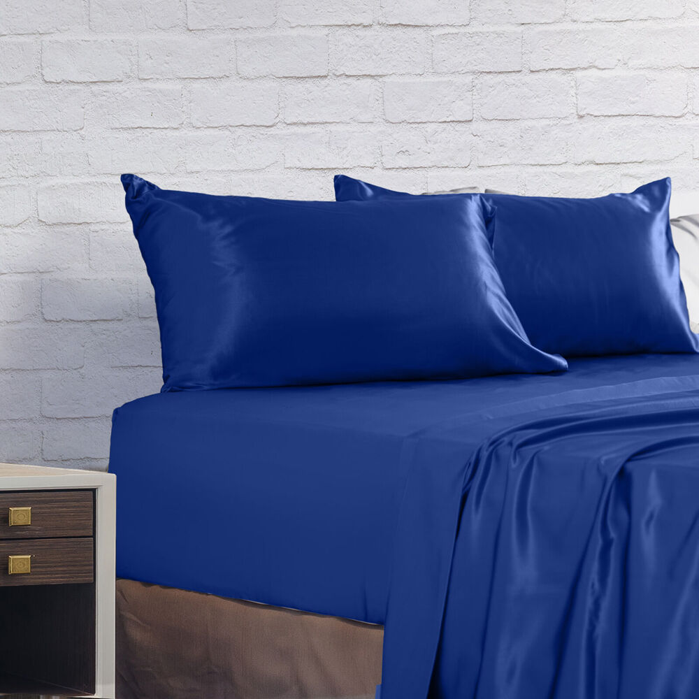 Royal Comfort Satin Sheet Set w/2x Pillowcases Navy Blue (4 Pieces) — image 6