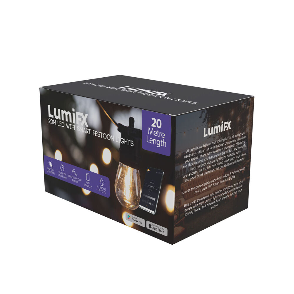 Lumifx 20m Warm White 20 Bulb LED WIFI Smart Indoor/Outdoor Festoon Lights