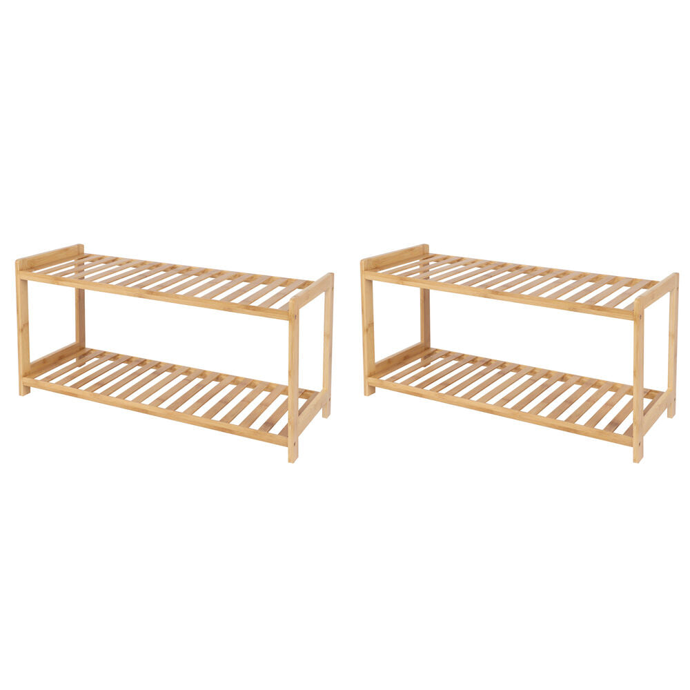 Casa Decor 2 Tier Bamboo Compact Shoe Storage Organiser Stool 69.8x36cm Oak (2 Pack)