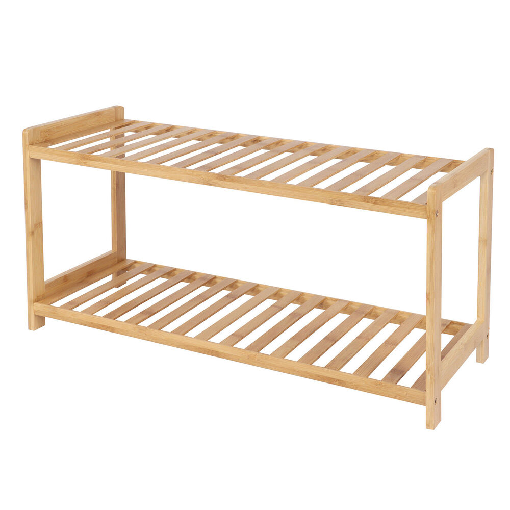 Casa Decor 2 Tier Bamboo Compact Shoe Storage Organiser Stool 69.8x36cm Oak (2 Pack) — image 2