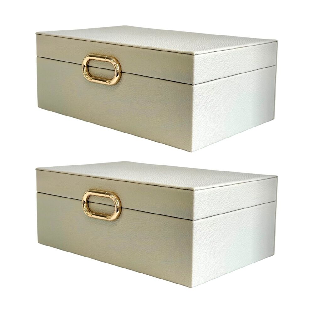 SS Collective Cream Pebble Textured Decorative Box w/ Gold Ring Latch Large (2 Pack)