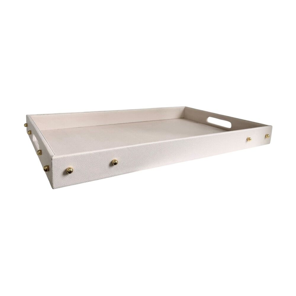 SS Collective 56x35cm Large Cream Studded Decor Tray w/ Gold Studs & Handles